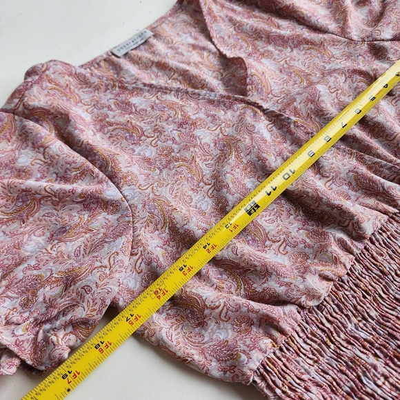 Paper Crane Puff Sleeve Smocked Top V Neck Pink Rose Summer Floral Rayon Sz L - Picture 10 of 11